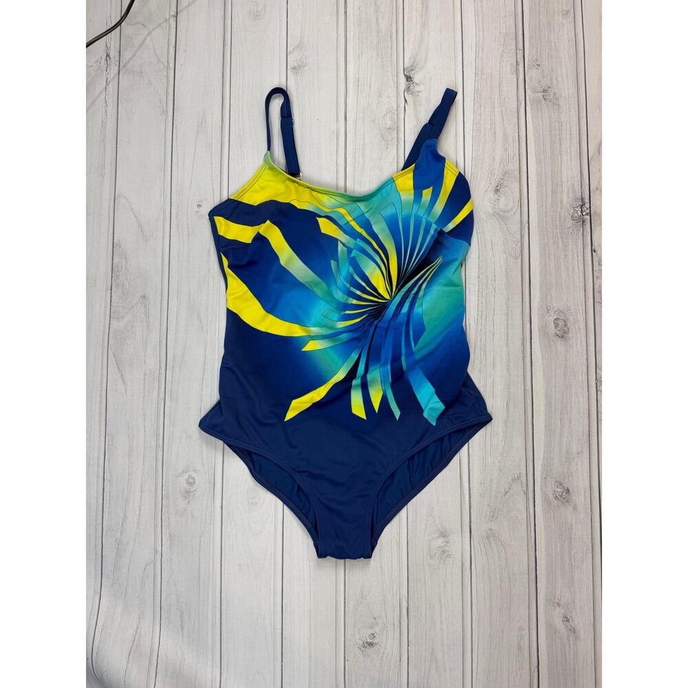 Ulla Popken One Piece Swimsuit Blue Yellow Abstract Slimming Plus
